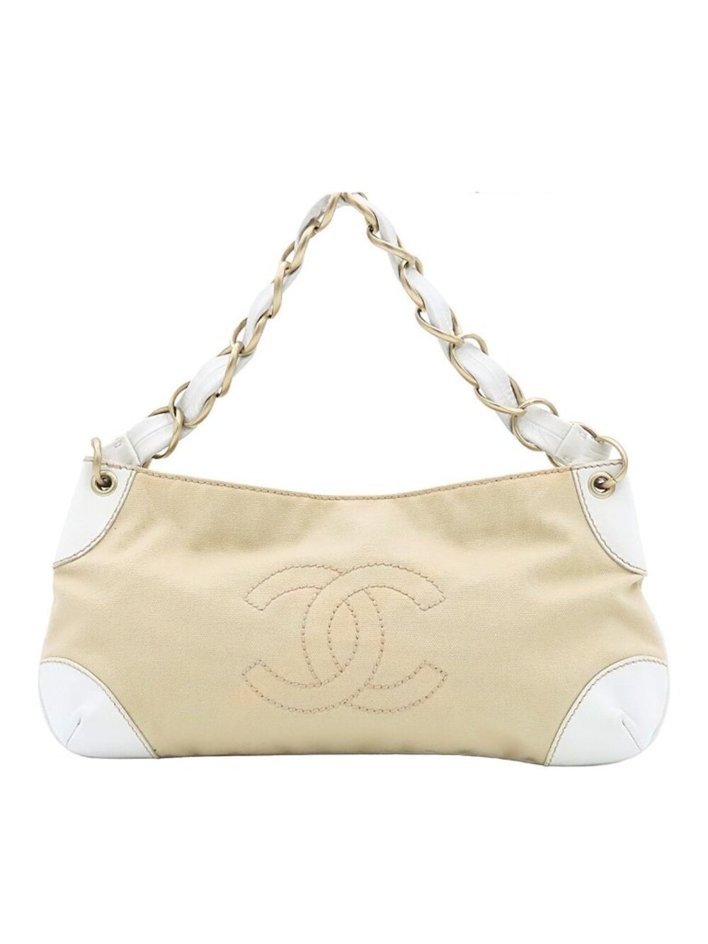 Chanel Chain Shoulder Bag CC Logo Beige Gold Canvas Leather